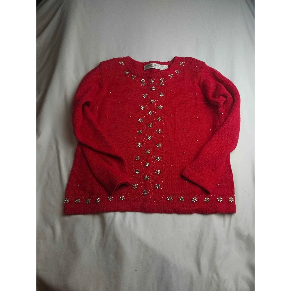 Victoria Jones Red Beaded Floral Knit Sweater Ramie Cotton Womens PM